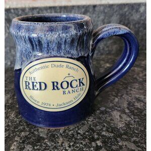 Red Rock Dude Ranch Coffee Mug Deneen Pottery Blue Drip Jackson Hole EUC
